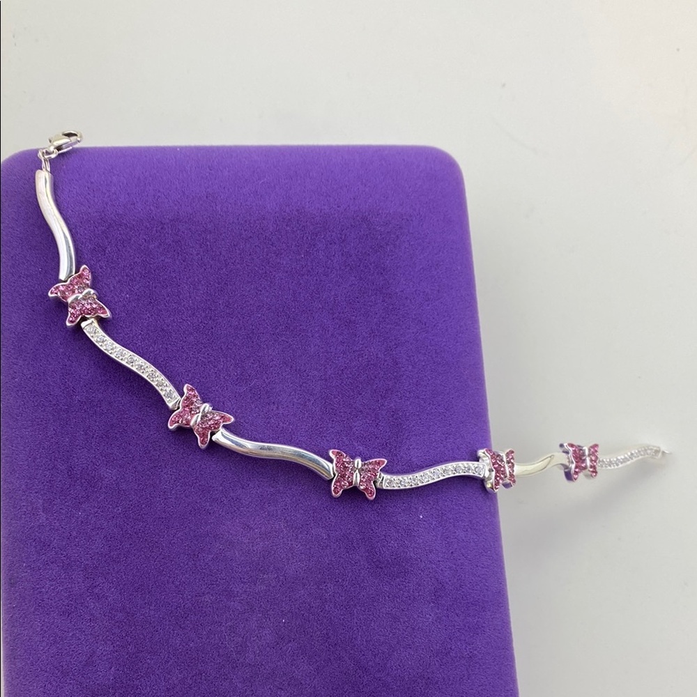💛 Classic Sterling Silver White & Pink Crystal Butterfly Bracelet